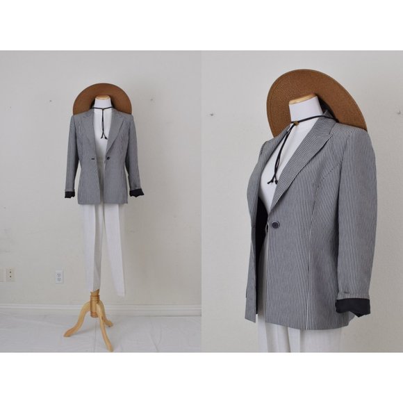 Vintage‎ 90s Gray and White Micro Striped Jacket | size 10 - Picture 1 of 10
